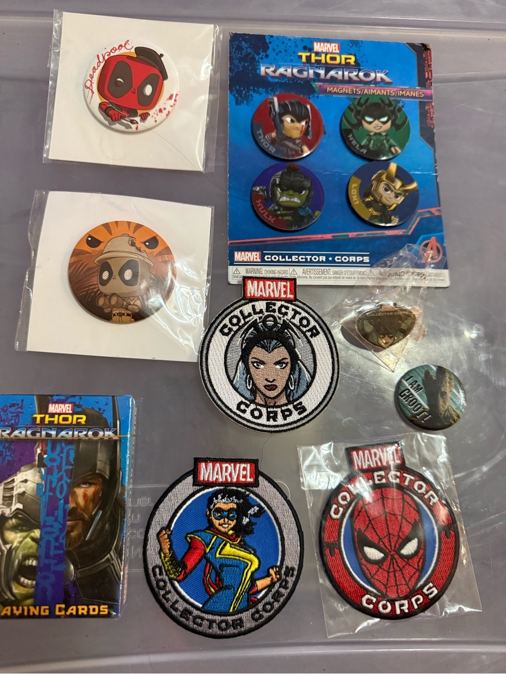 Marvel Collector Corps Goodies Including Thor Magnets, Hela Pin, & Patches, More